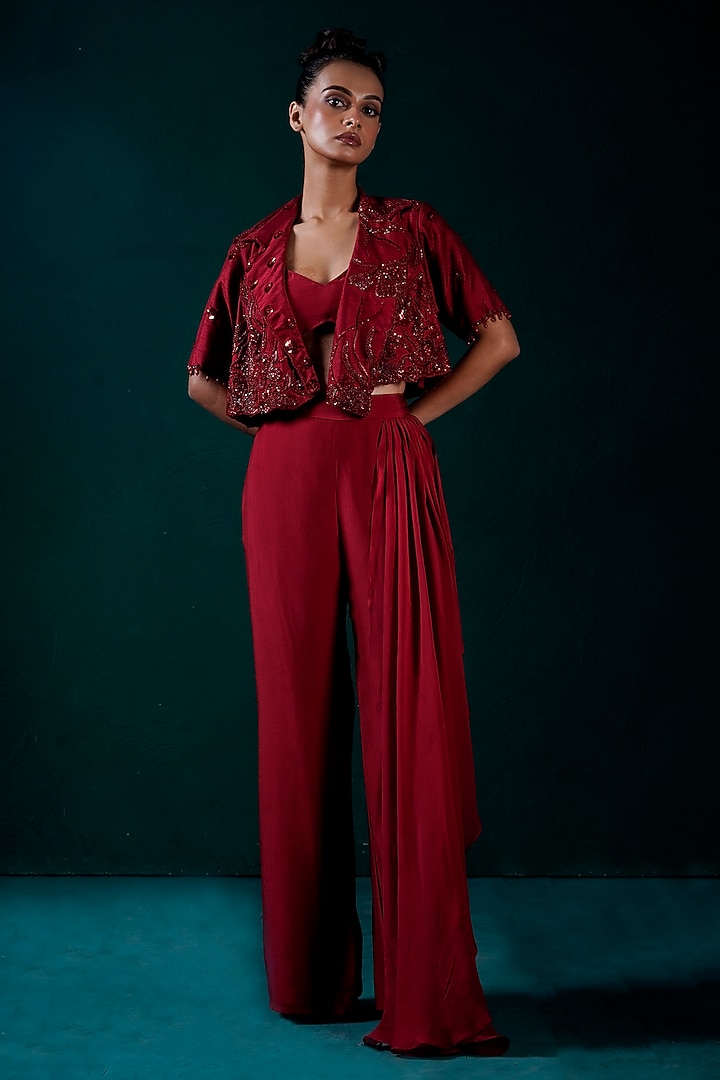 Red Muslin Hand Embroidered Jacket Set by URMIL at Pernia's Pop Up Shop