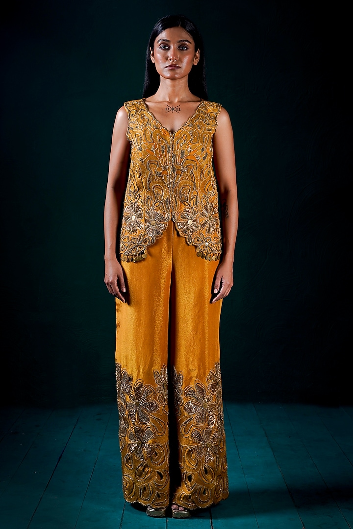 Gold Tissue Hand Embroidered Jacket Set by URMIL at Pernia's Pop Up Shop