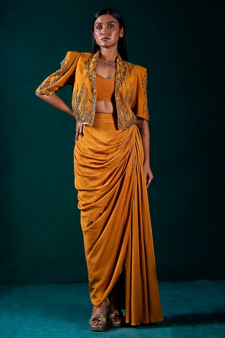 Golden Muslin Pick-Up Skirt Set by URMIL at Pernia's Pop Up Shop