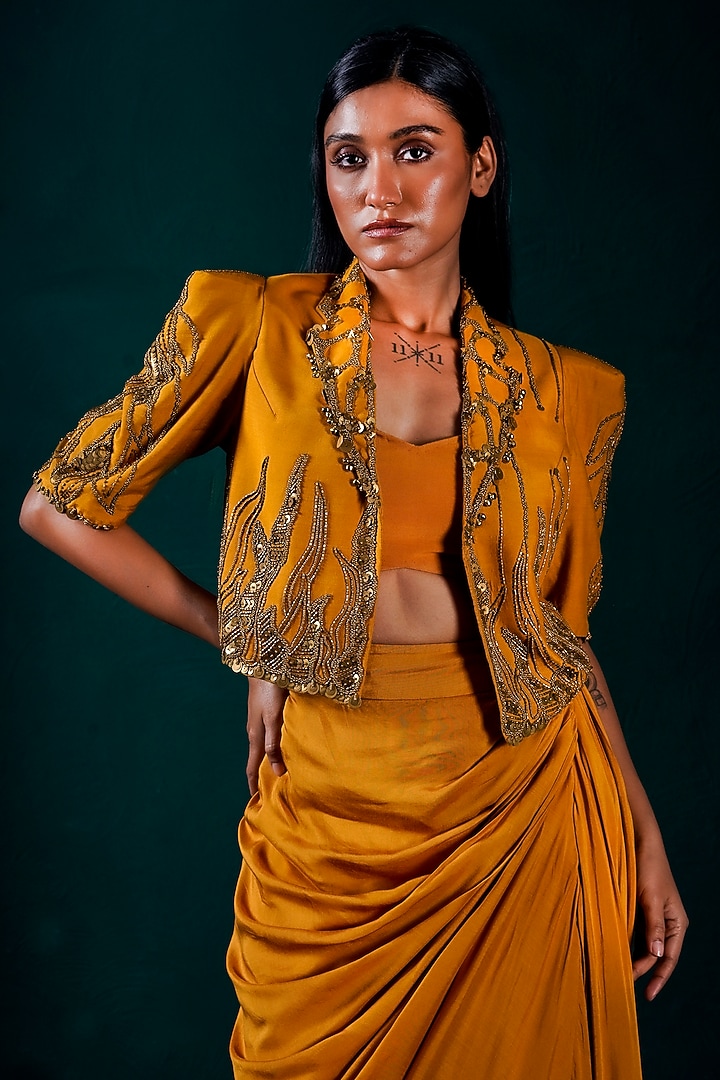 Golden Muslin Pick-Up Skirt Set by URMIL at Pernia's Pop Up Shop