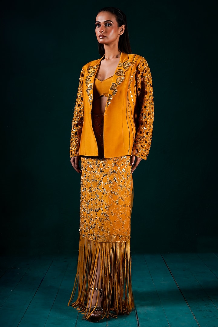 Golden Muslin Hand Embroidered Jacket Set by URMIL at Pernia's Pop Up Shop