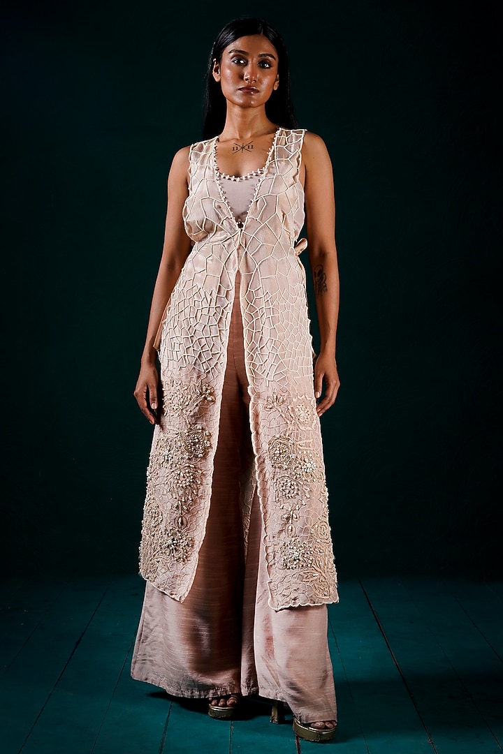 Peach Muslin Hand Embroidered Jacket Set by URMIL at Pernia's Pop Up Shop