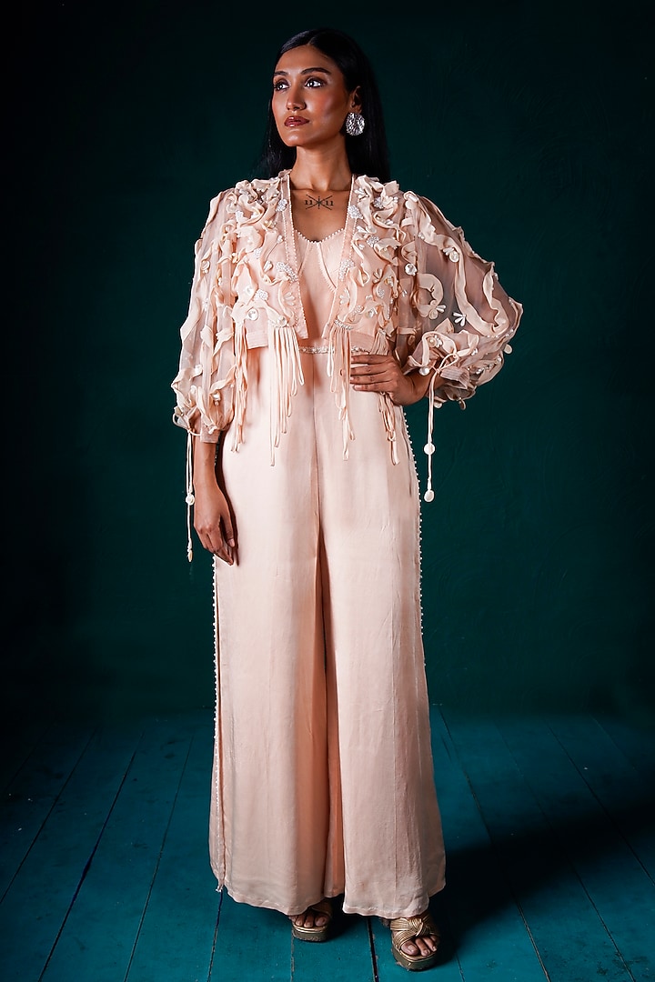 Peach Satin Jumpsuit With Hand Embroidered Jacket by URMIL at Pernia's Pop Up Shop