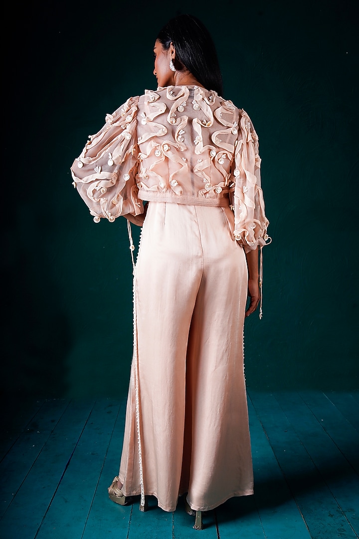 Peach Satin Jumpsuit With Hand Embroidered Jacket by URMIL at Pernia's Pop Up Shop