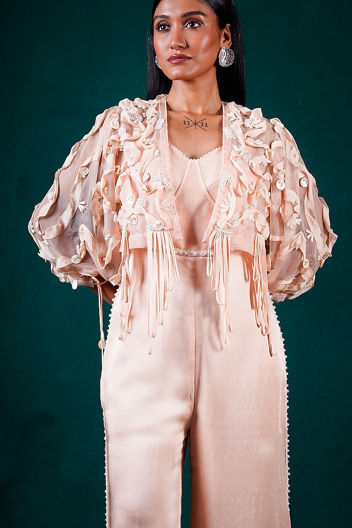 Peach Satin Jumpsuit With Hand Embroidered Jacket by URMIL at Pernia's Pop Up Shop