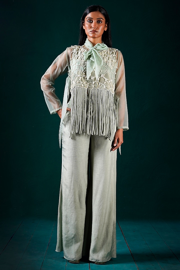 Mint Organza & Tissue Hand Embroidered Co-Ord Set by URMIL at Pernia's Pop Up Shop