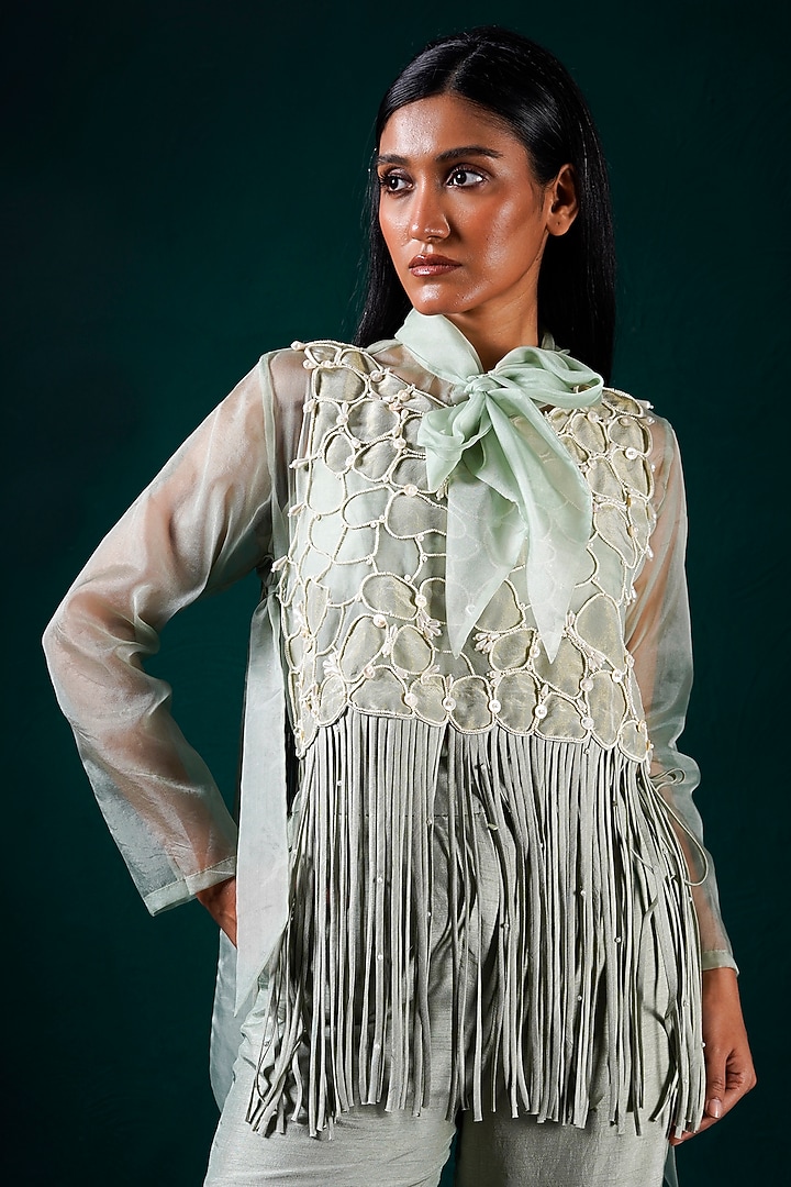 Mint Organza & Tissue Hand Embroidered Co-Ord Set by URMIL at Pernia's Pop Up Shop