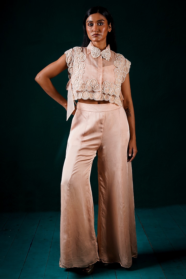 Peach Organza & Tissue Hand Embroidered Co-Ord Set by URMIL at Pernia's Pop Up Shop