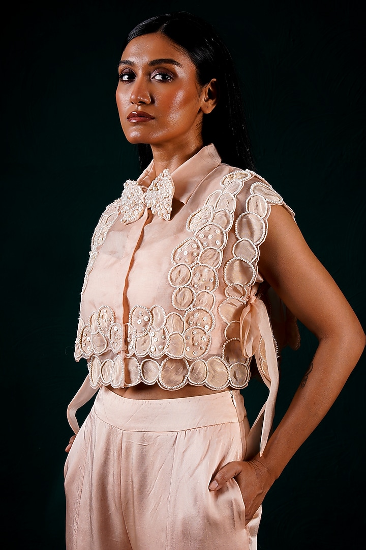 Peach Organza & Tissue Hand Embroidered Co-Ord Set by URMIL at Pernia's Pop Up Shop