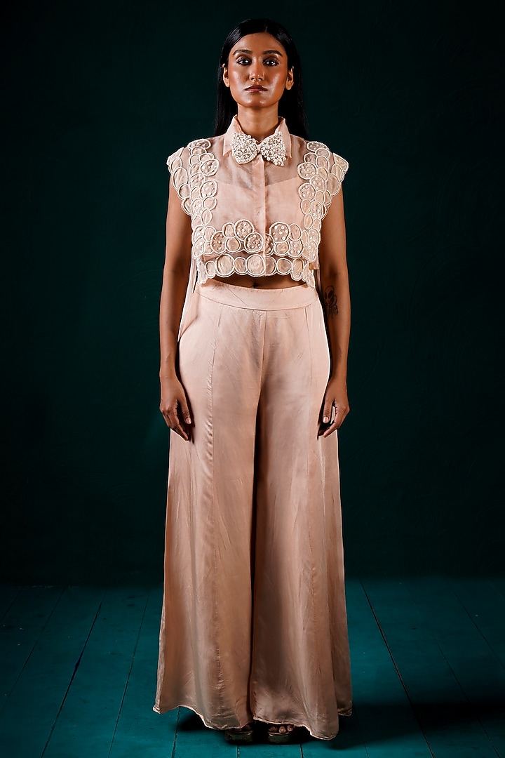 Peach Organza & Tissue Hand Embroidered Co-Ord Set by URMIL at Pernia's Pop Up Shop