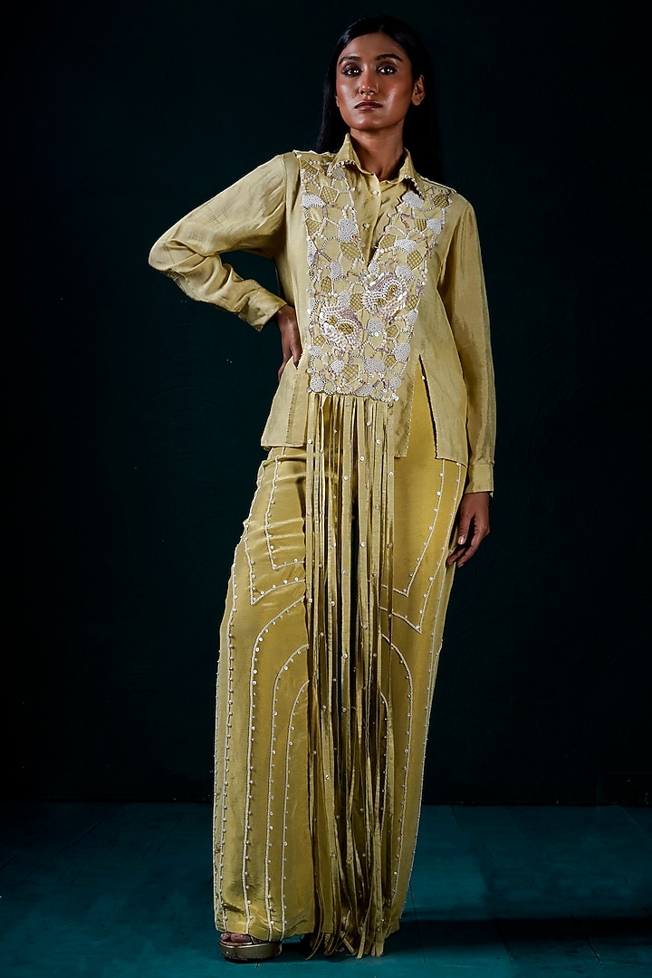 Sage Silk Dola & Linen Tissue Hand Embroidered Pant Set by URMIL at Pernia's Pop Up Shop