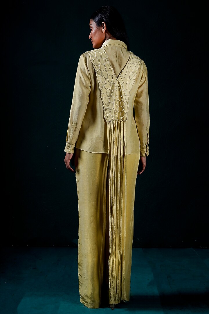 Sage Silk Dola & Linen Tissue Hand Embroidered Pant Set by URMIL at Pernia's Pop Up Shop
