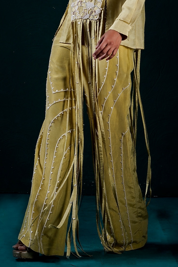Sage Silk Dola & Linen Tissue Hand Embroidered Pant Set by URMIL at Pernia's Pop Up Shop