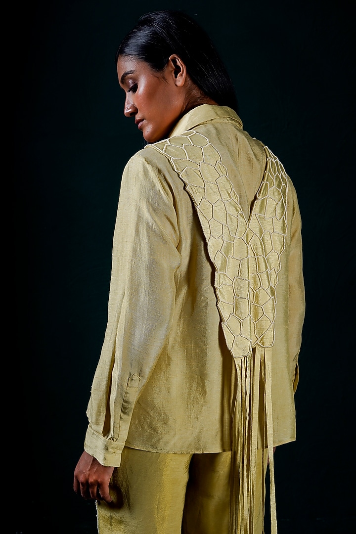 Sage Silk Dola & Linen Tissue Hand Embroidered Pant Set by URMIL at Pernia's Pop Up Shop