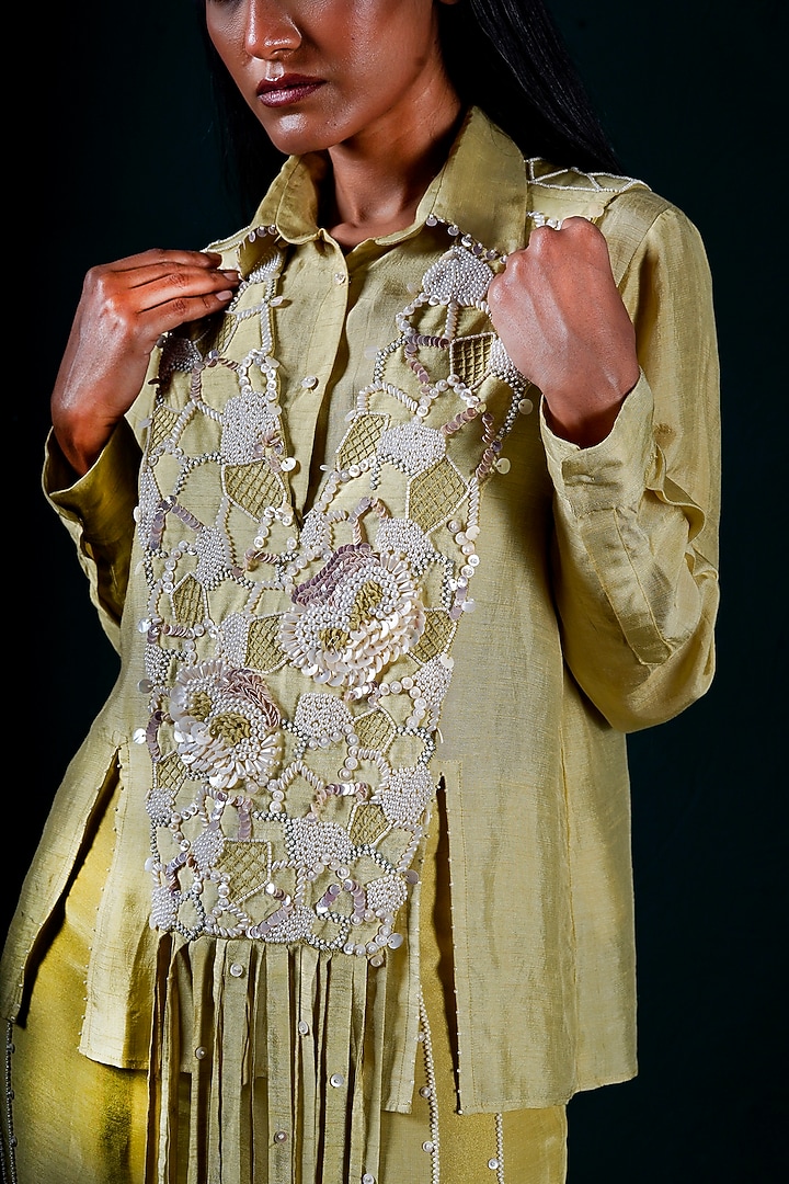 Sage Silk Dola & Linen Tissue Hand Embroidered Pant Set by URMIL at Pernia's Pop Up Shop
