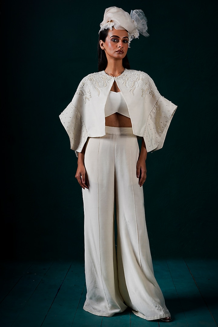 Ivory Muslin Hand Embroidered Cape Set by URMIL at Pernia's Pop Up Shop