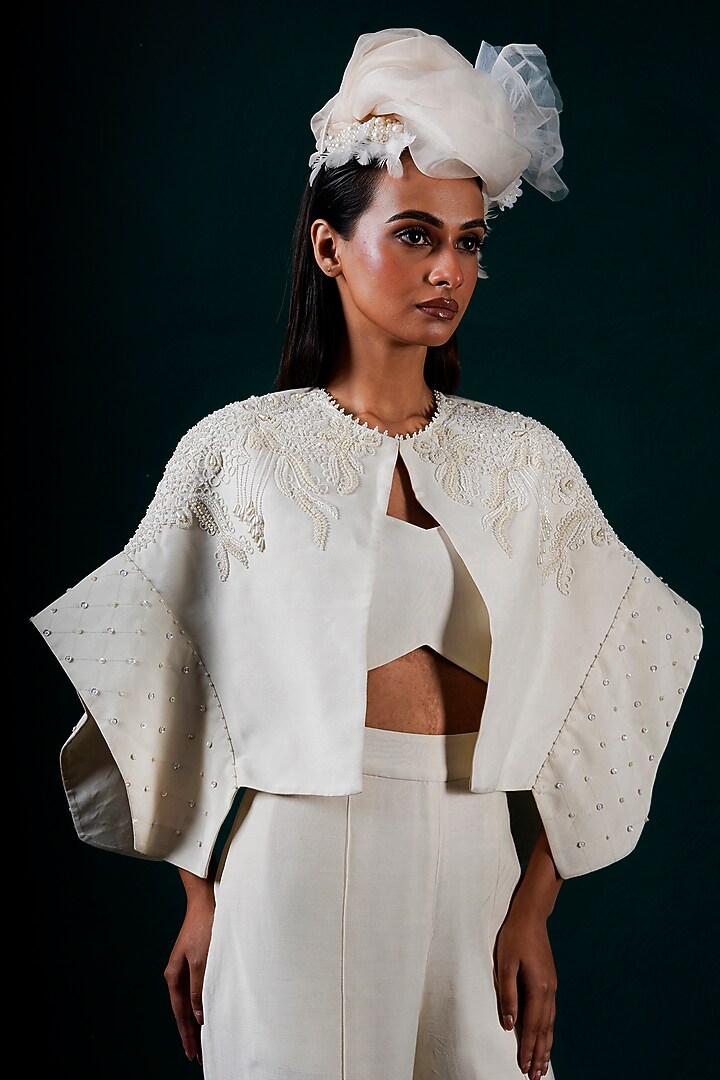Ivory Muslin Hand Embroidered Cape Set by URMIL at Pernia's Pop Up Shop