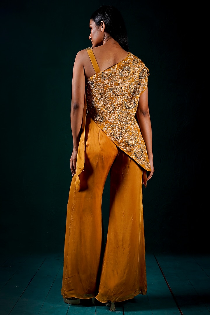 Gold Soft Organza Hand Embroidered One-Shoulder Cape Set by URMIL at Pernia's Pop Up Shop