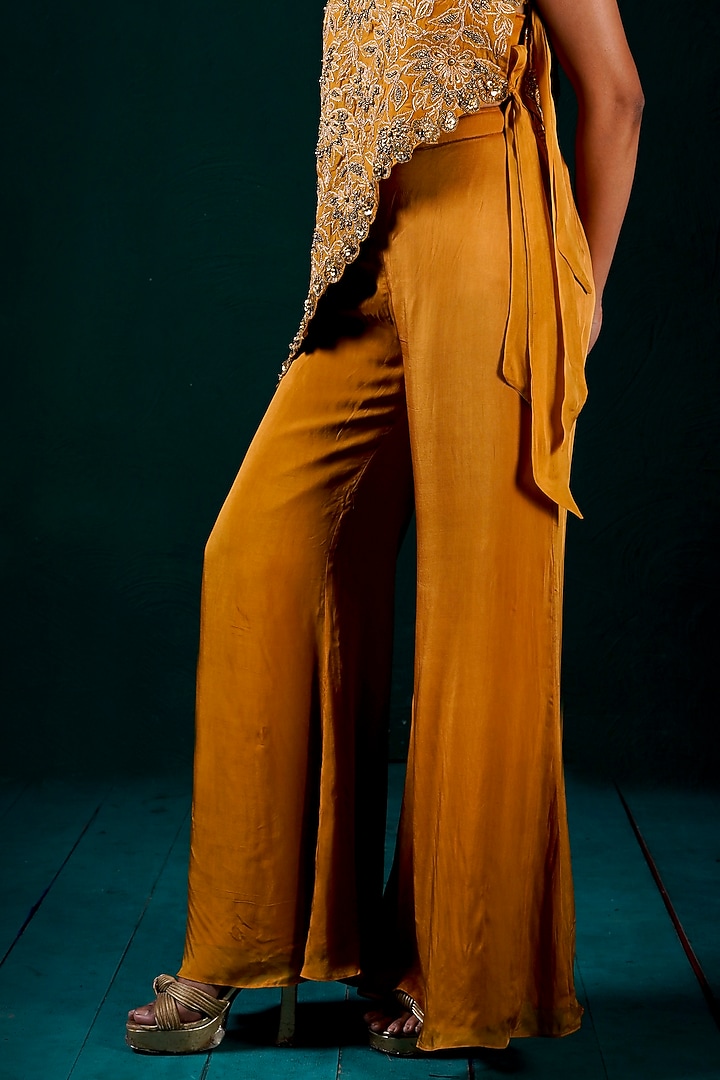 Gold Soft Organza Hand Embroidered One-Shoulder Cape Set by URMIL at Pernia's Pop Up Shop