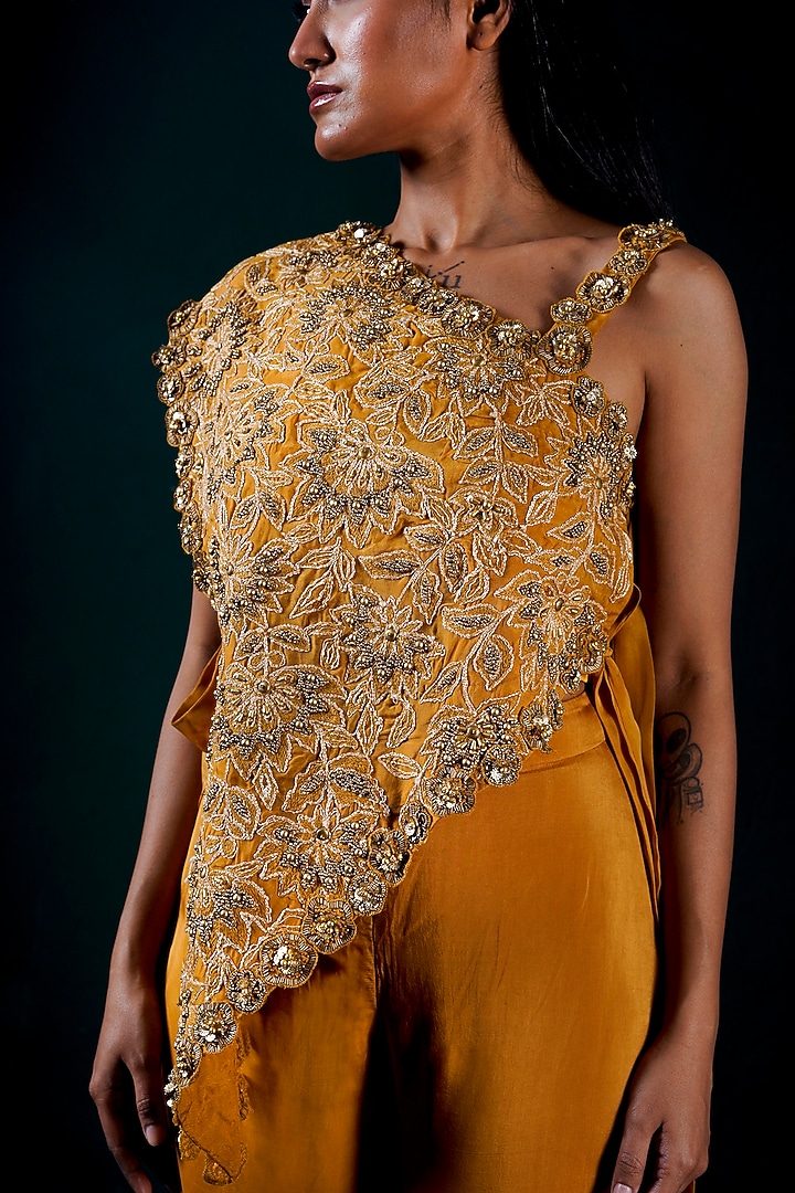 Gold Soft Organza Hand Embroidered One-Shoulder Cape Set by URMIL at Pernia's Pop Up Shop