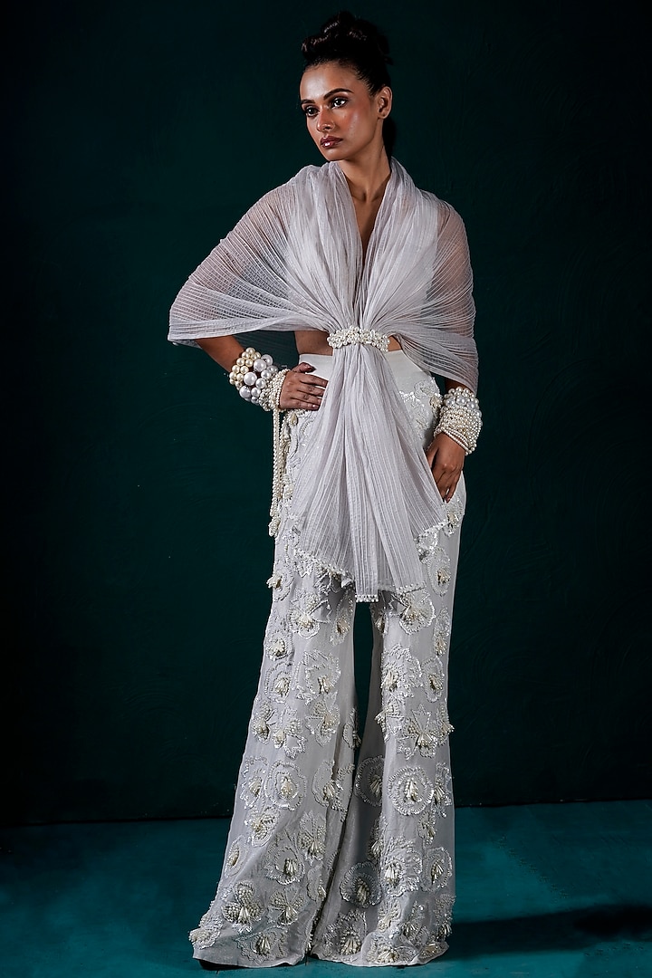Ice-Colored Tissue Hand Embroidered Cape Set by URMIL at Pernia's Pop Up Shop