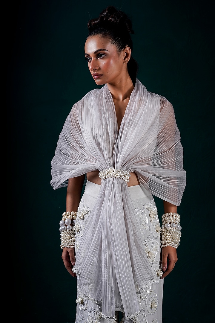 Ice-Colored Tissue Hand Embroidered Cape Set by URMIL at Pernia's Pop Up Shop