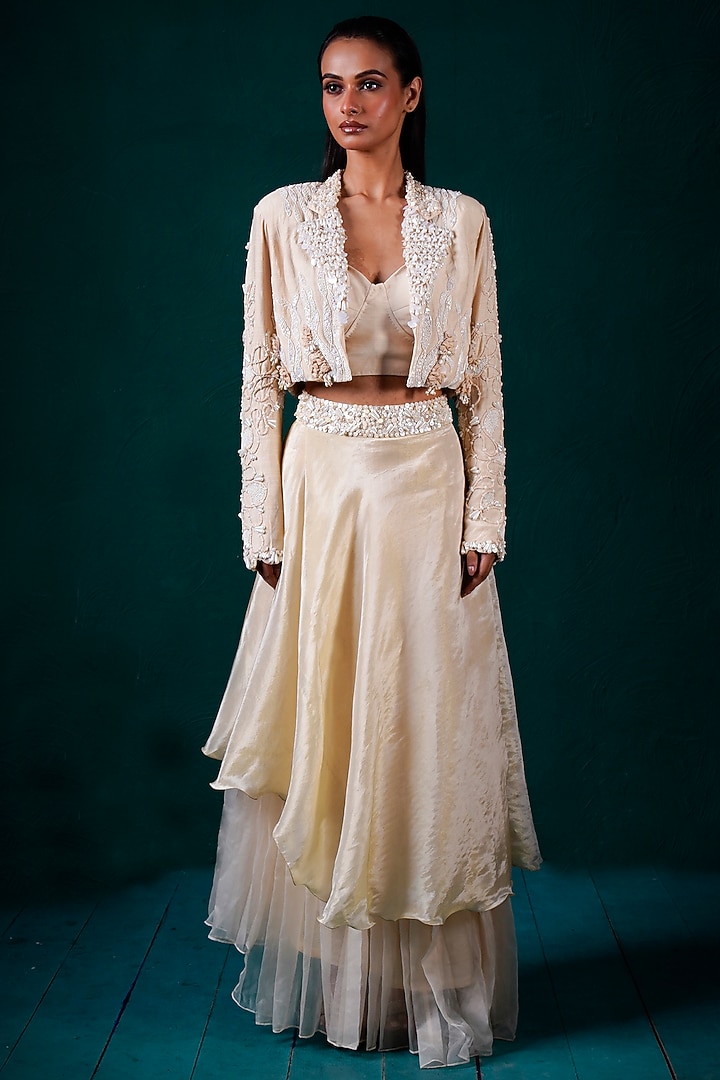Ivory Muslin & Tissue Hand Embroidered Jacket Set by URMIL at Pernia's Pop Up Shop