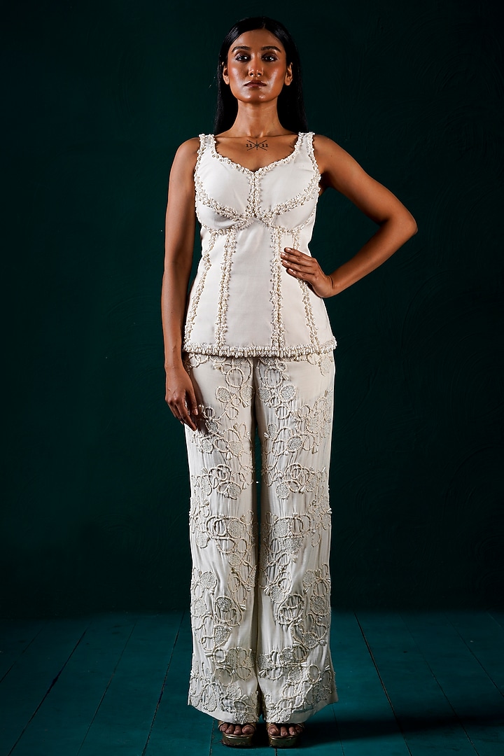 Ivory Muslin & Raw Silk Hand Embroidered Pant Set by URMIL at Pernia's Pop Up Shop