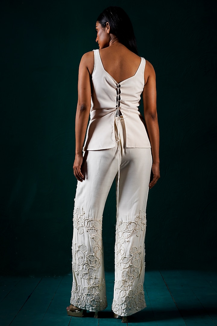 Ivory Muslin & Raw Silk Hand Embroidered Pant Set by URMIL at Pernia's Pop Up Shop