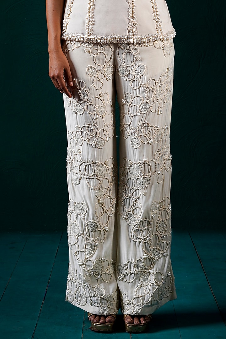 Ivory Muslin & Raw Silk Hand Embroidered Pant Set by URMIL at Pernia's Pop Up Shop