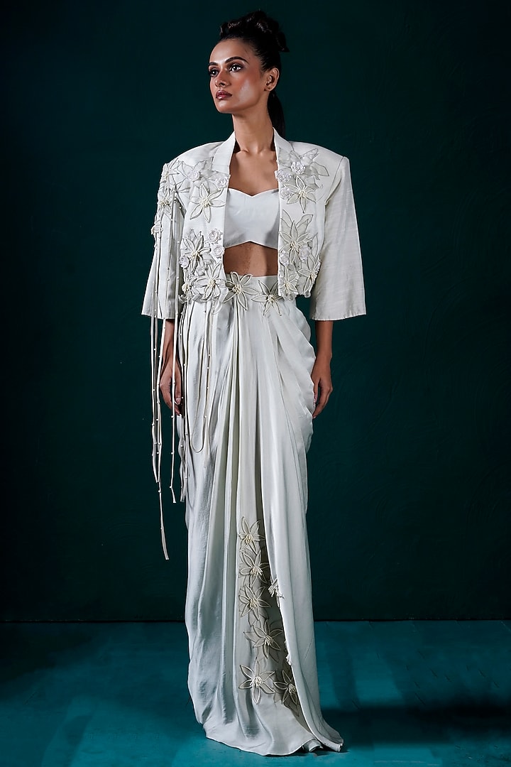 Mint Muslin Hand Embroidered Pickup Skirt Set by URMIL at Pernia's Pop Up Shop