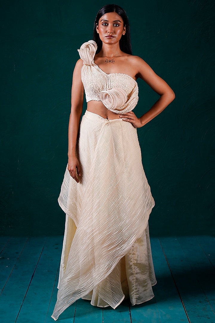 Ivory Tissue & Organza Hand Embroidered Skirt Set by URMIL at Pernia's Pop Up Shop