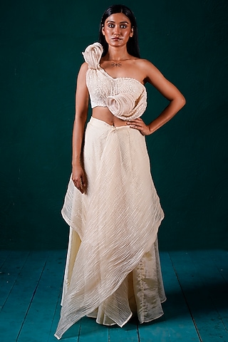 Ivory Tissue & Organza Hand Embroidered Skirt Set by URMIL