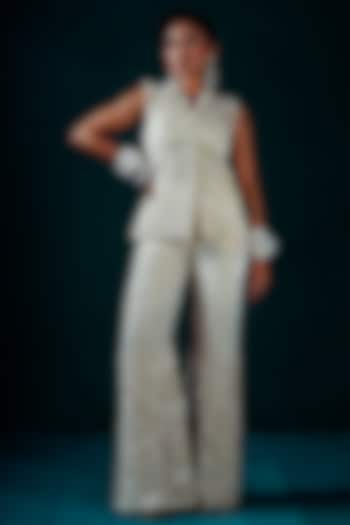 Ivory Raw Silk & Tissue Hand Embroidered Jacket Set by URMIL at Pernia's Pop Up Shop