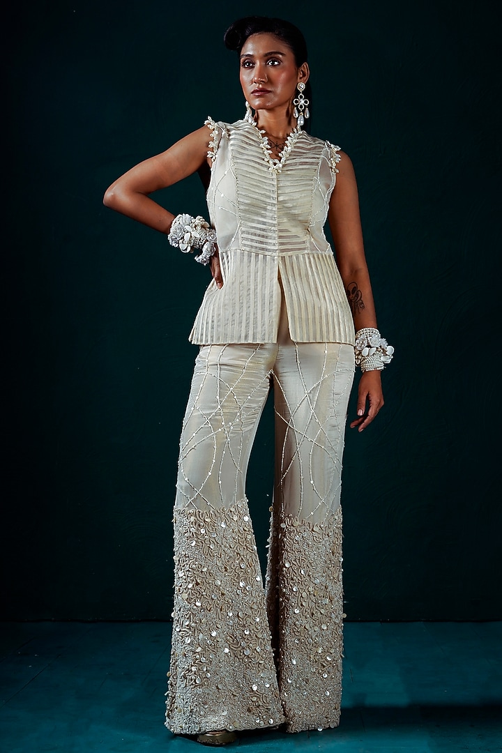 Ivory Raw Silk & Tissue Hand Embroidered Jacket Set by URMIL at Pernia's Pop Up Shop