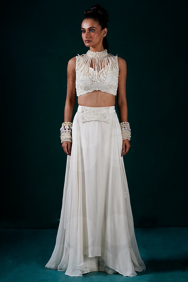 Ivory Muslin Hand Embroidered Pant Set by URMIL at Pernia's Pop Up Shop