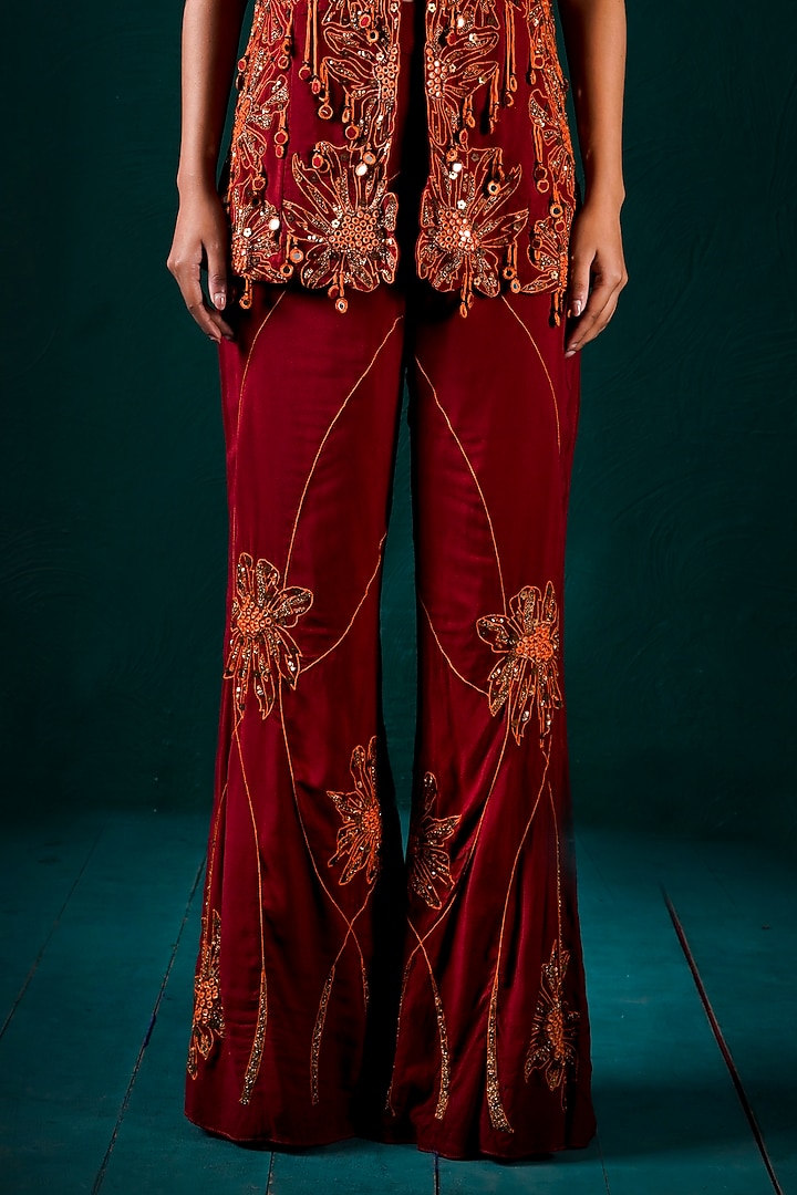 Red Muslin Hand Embroidered Jacket Set by URMIL at Pernia's Pop Up Shop
