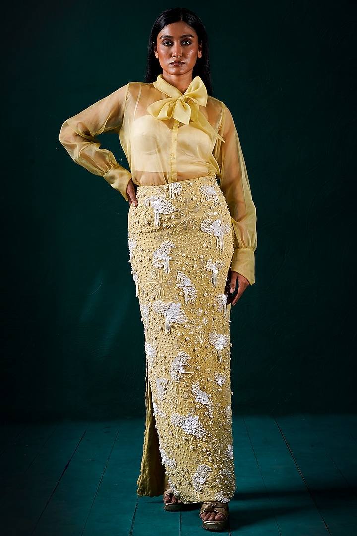 Sage Organza & Raw Silk Hand Embroidered Skirt Set by URMIL at Pernia's Pop Up Shop