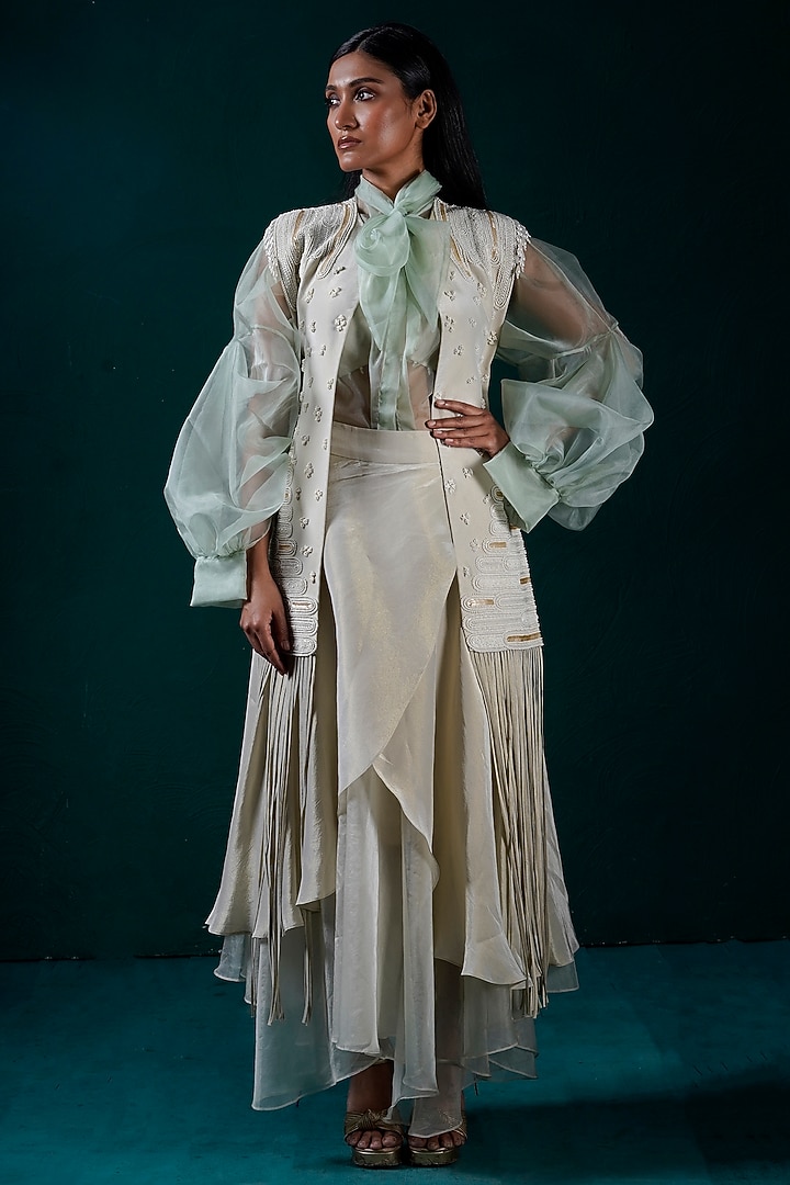 Mint Tissue & Organza Hand Embroidered Skirt Set by URMIL at Pernia's Pop Up Shop
