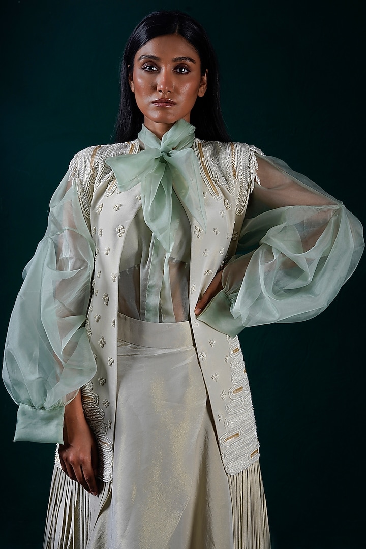 Mint Tissue & Organza Hand Embroidered Skirt Set by URMIL at Pernia's Pop Up Shop
