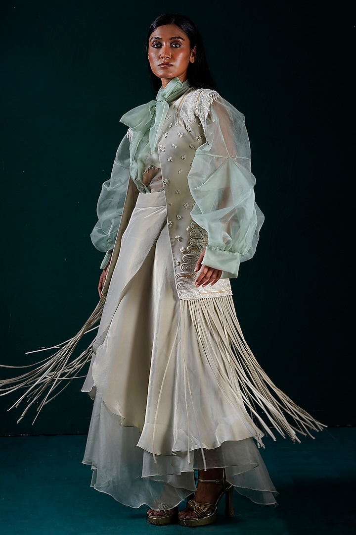 Mint Tissue & Organza Hand Embroidered Skirt Set by URMIL at Pernia's Pop Up Shop