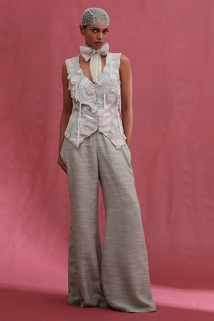 Mint Muslin & Muslin slub Embellished Waistcoat Set by URMIL at Pernia's Pop Up Shop