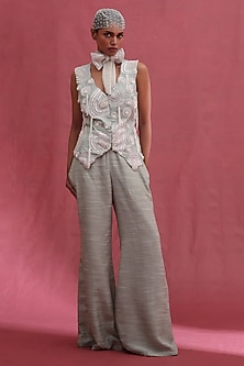 Mint Muslin & Muslin slub Embellished Waistcoat Set by URMIL-POPULAR PRODUCTS AT STORE