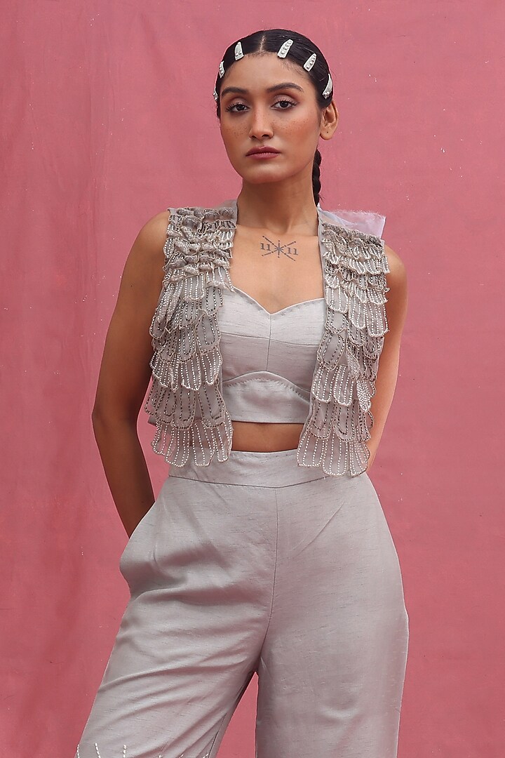 Ice-Colored Organza & Silk Embroidered Jacket Set by URMIL at Pernia's Pop Up Shop