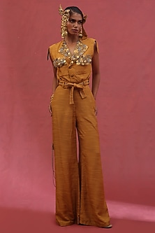 Gold Muslin Slub Hand Embroidered Co-Ord Set by URMIL-POPULAR PRODUCTS AT STORE
