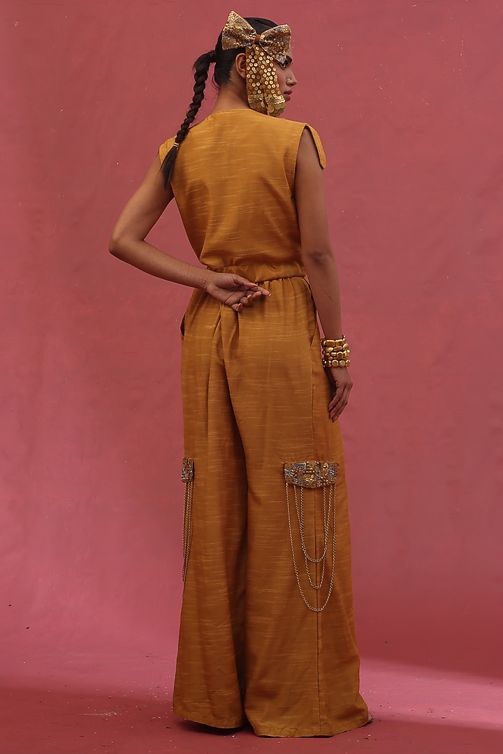 Gold Muslin Slub Hand Embroidered Co-Ord Set by URMIL at Pernia's Pop Up Shop