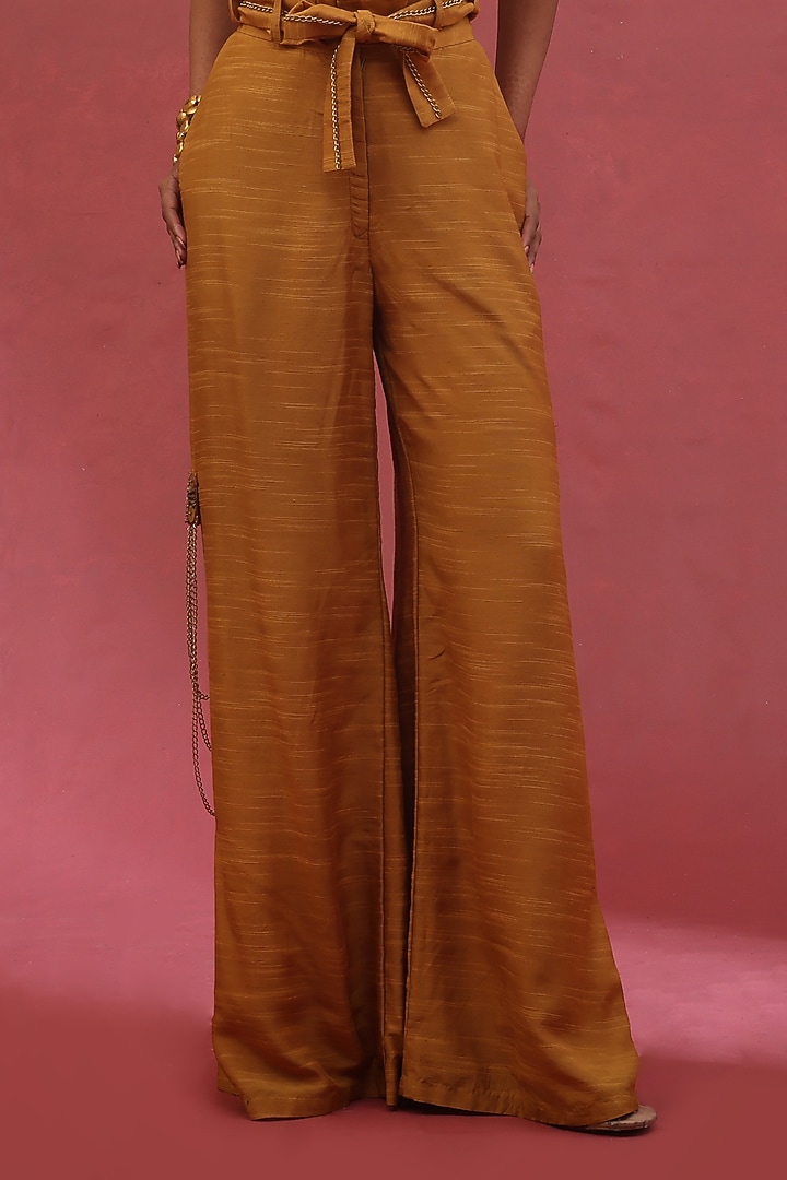 Gold Muslin Slub Hand Embroidered Co-Ord Set by URMIL at Pernia's Pop Up Shop