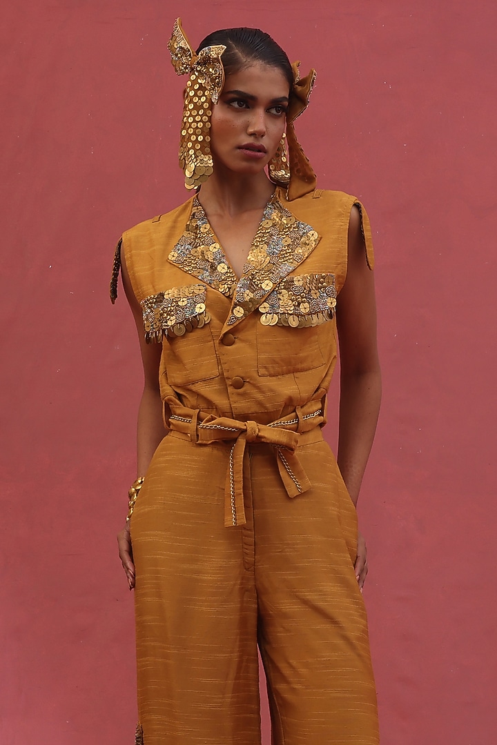 Gold Muslin Slub Hand Embroidered Co-Ord Set by URMIL at Pernia's Pop Up Shop