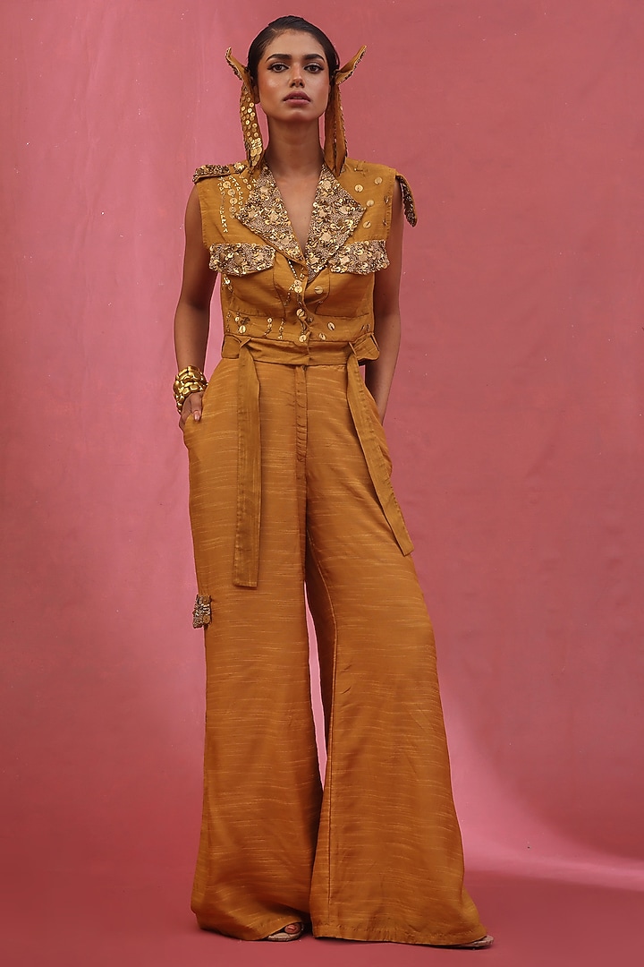 Gold Muslin Slub Hand Embroidered Co-Ord Set by URMIL at Pernia's Pop Up Shop