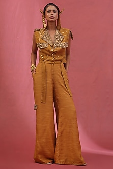 Gold Muslin Slub Hand Embroidered Co-Ord Set by URMIL-POPULAR PRODUCTS AT STORE